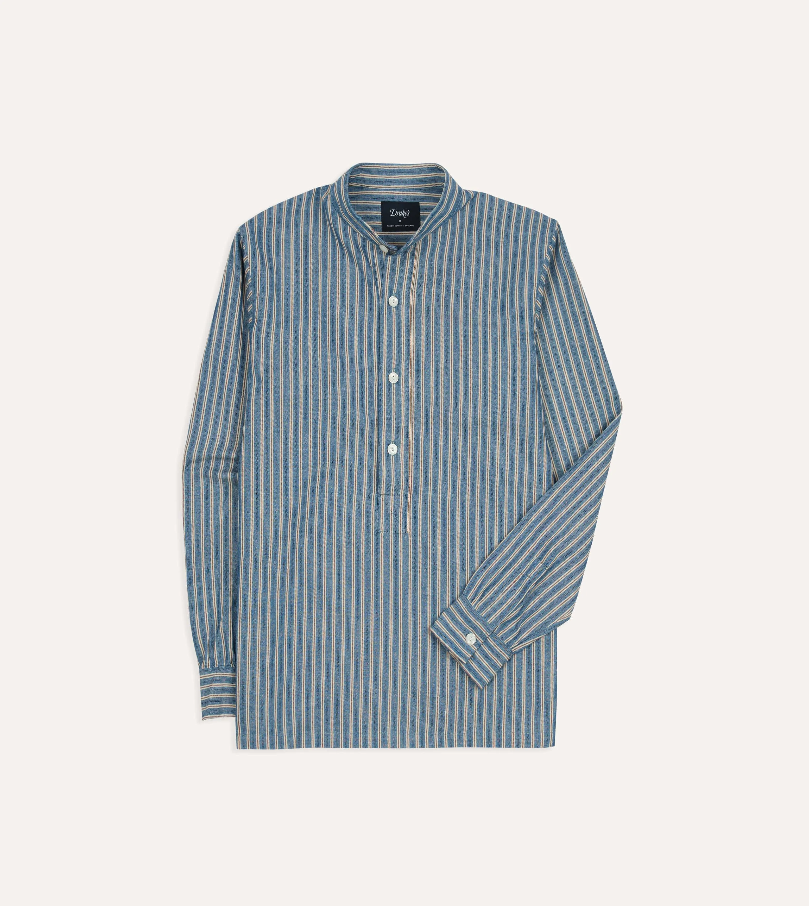 Weekend Adventure Indigo Stripe Cotton Mandarin Collar Popover Shirt