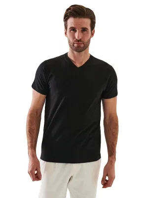 Workout Gear Sublimation Resistant Fabric Iconic Pima Cotton Stretch V-Neck Tee Shirt - Black