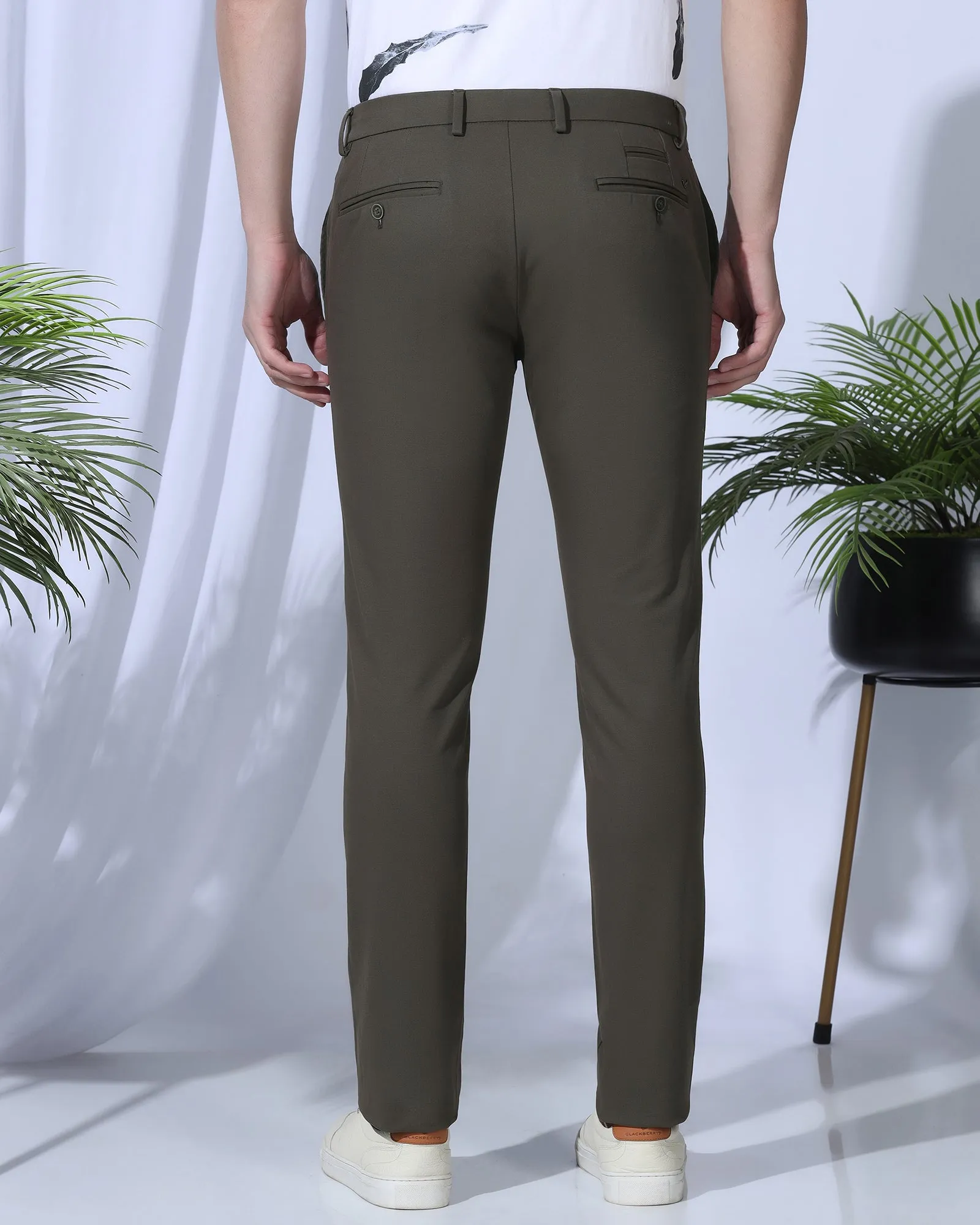 Slim Fit B-91 Casual Olive Textured Khakis - Kary Soft Wear Compression Support Lining