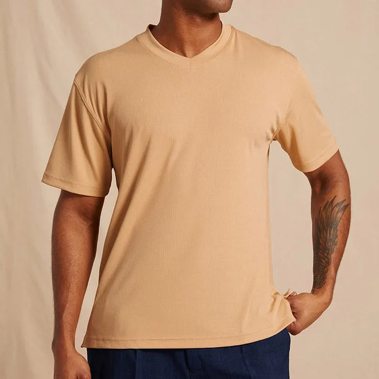 Creative Flow Inserch Rib V Neck T-Shirt T300-00084 Tan