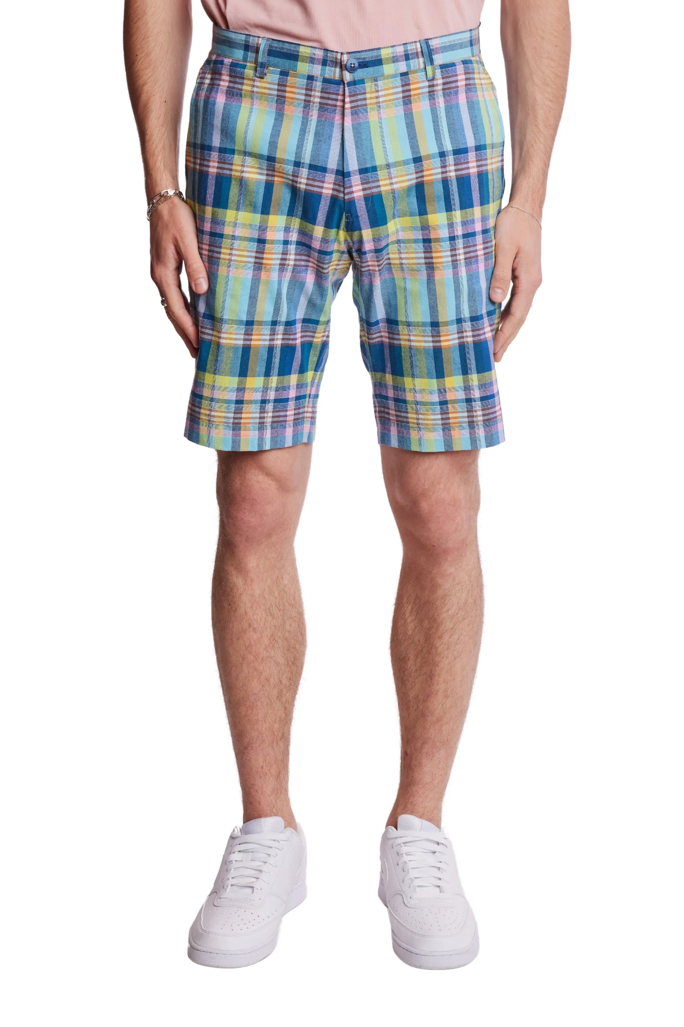 Layered Panel Design Sweat Wicking Fabric Felix Shorts - slim - Pink Yellow Madras