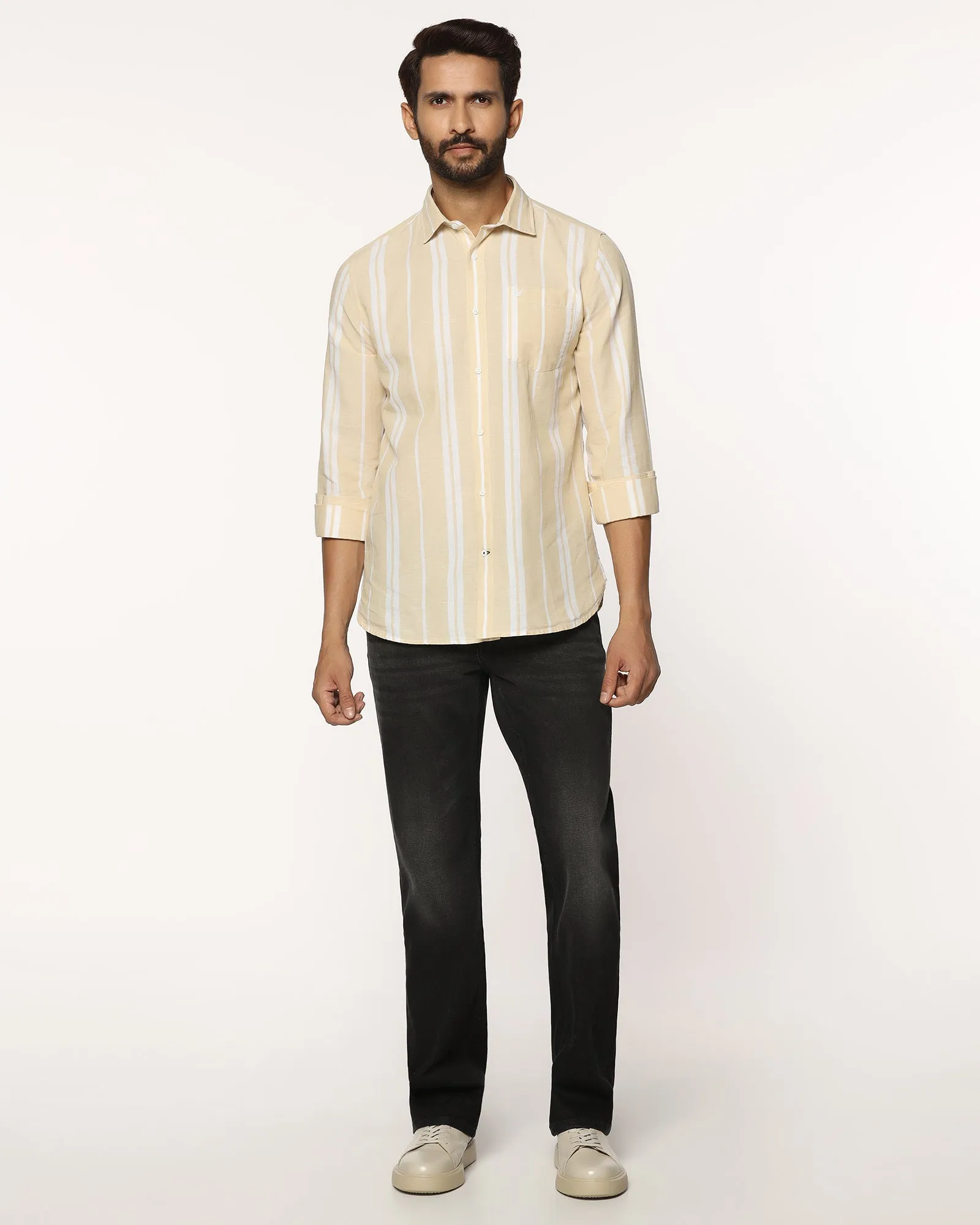 Linen Casual Yellow Stripe Shirt - Breton Rooftop Bar Contemporary Look