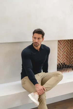 Golf Ready Extra Fine Merino Wool Open Collar Polo Shirt in Navy