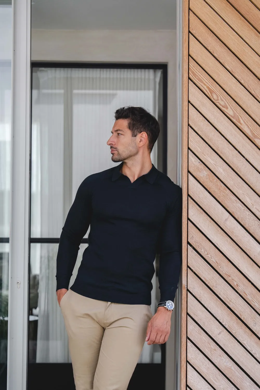 Extra Fine Merino Wool Open Collar Polo Shirt in Navy Layered Hem Reinforcement Relaxed Wear