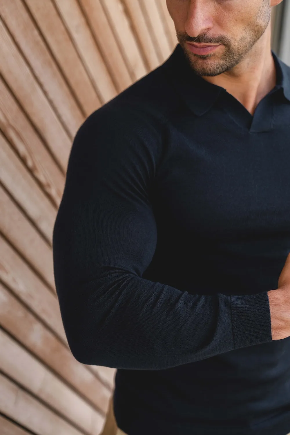 Extra Fine Merino Wool Open Collar Polo Shirt in Navy Breathable Polo Active Comfort