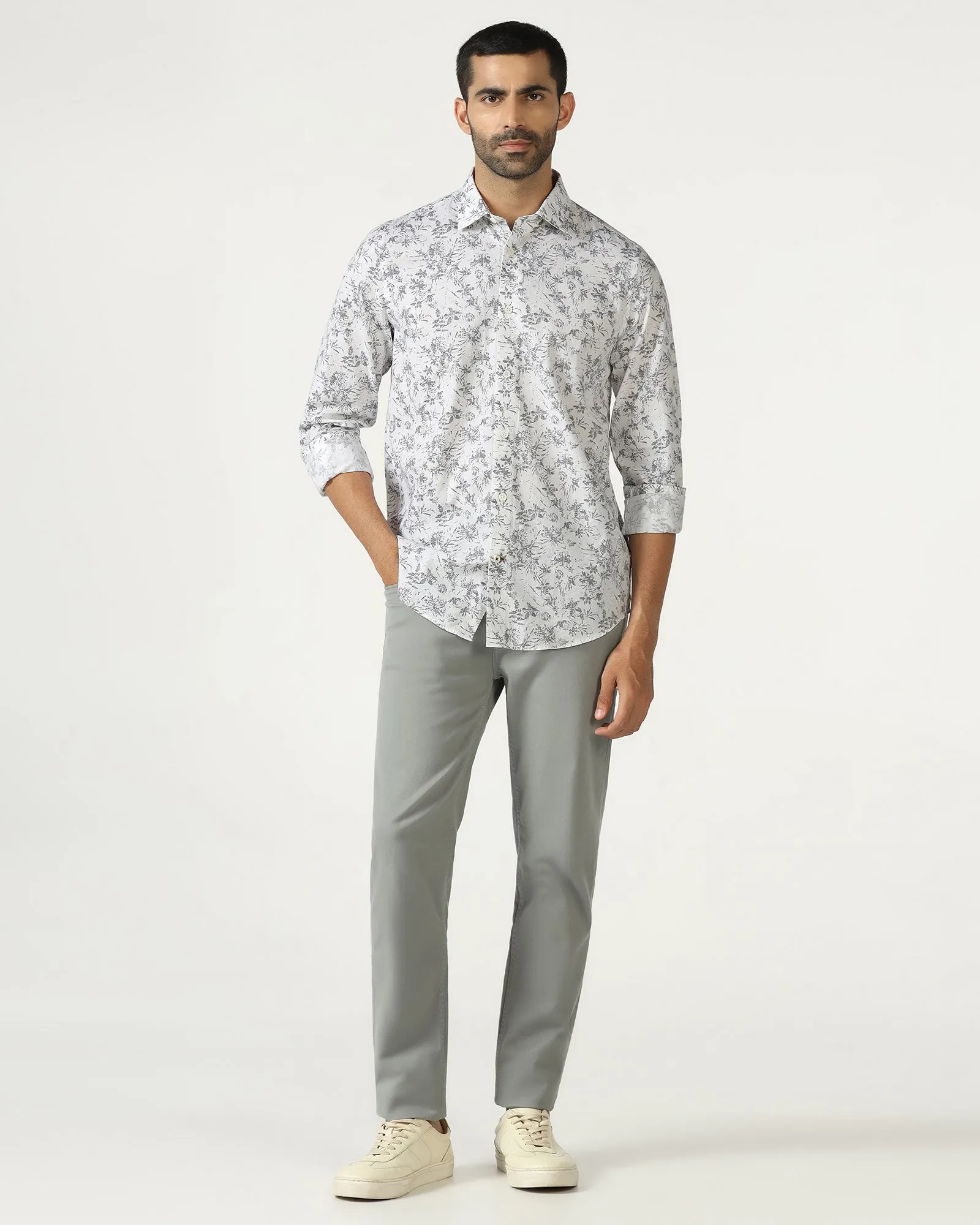 Odor Control Fabric Structured Collar White Printed Shirt - Holten