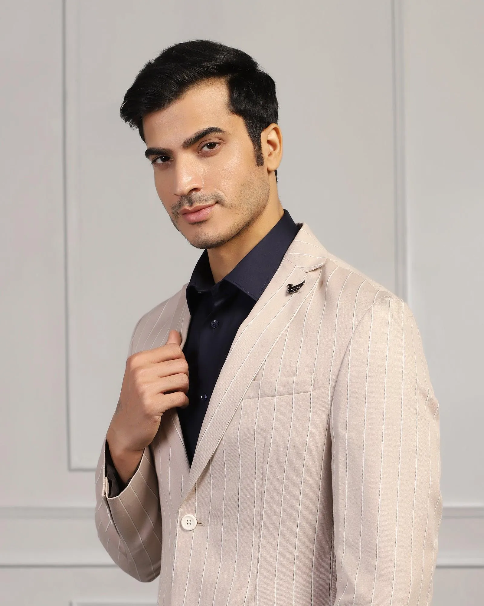 Flexible Comfort Snag Free Fabric Linen Casual Beige Stripe Blazer - Moses