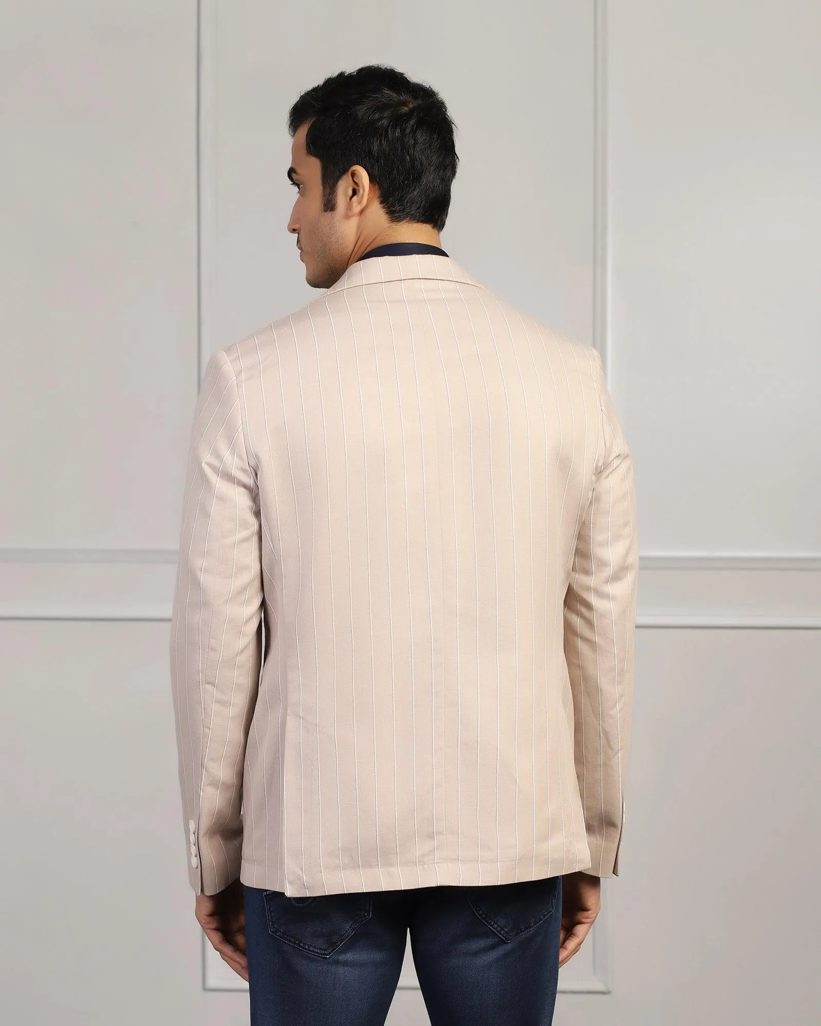 Linen Casual Beige Stripe Blazer - Moses Heat Keep