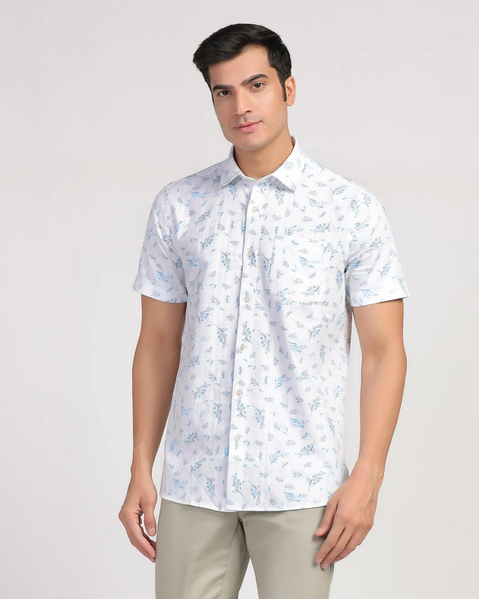 Linen Casual Half Sleeve Blue Printed Shirt - Martin Tailored Fit