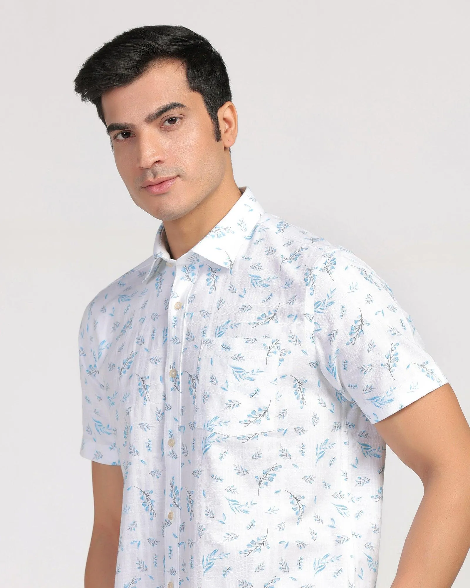 Layered Look Button-up Linen Casual Half Sleeve Blue Printed Shirt - Martin