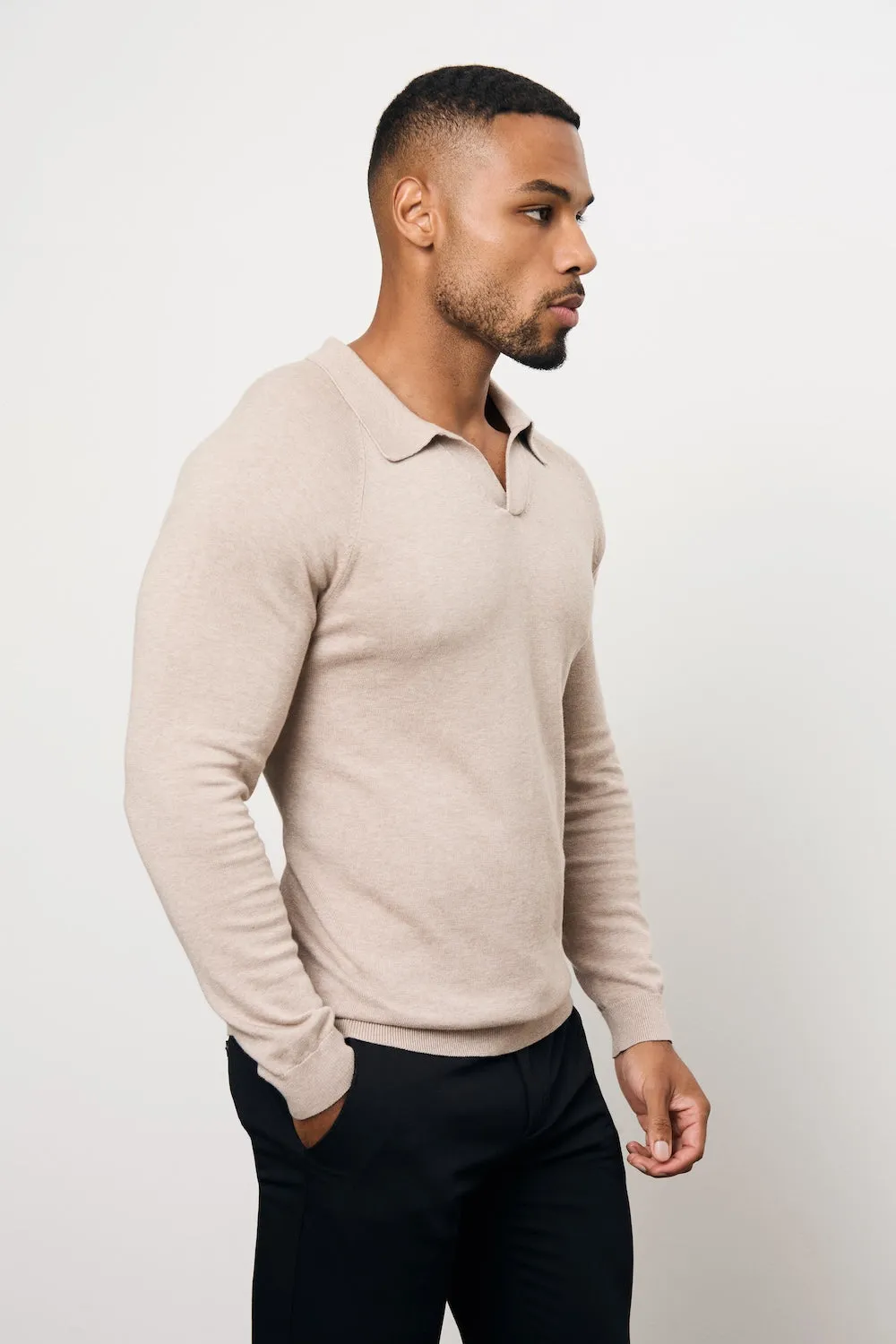 Quick-Dry Tech Performance Polo Pure Cotton Knitted Open Collar Polo Shirt in Neutral Marl