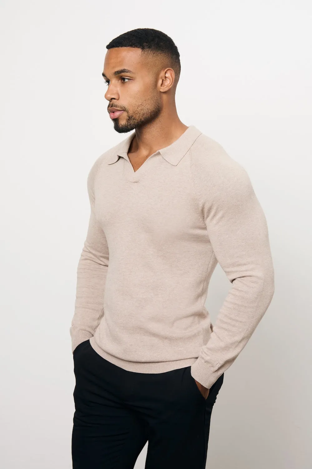 Summer Golf Weekend Wearable Pure Cotton Knitted Open Collar Polo Shirt in Neutral Marl