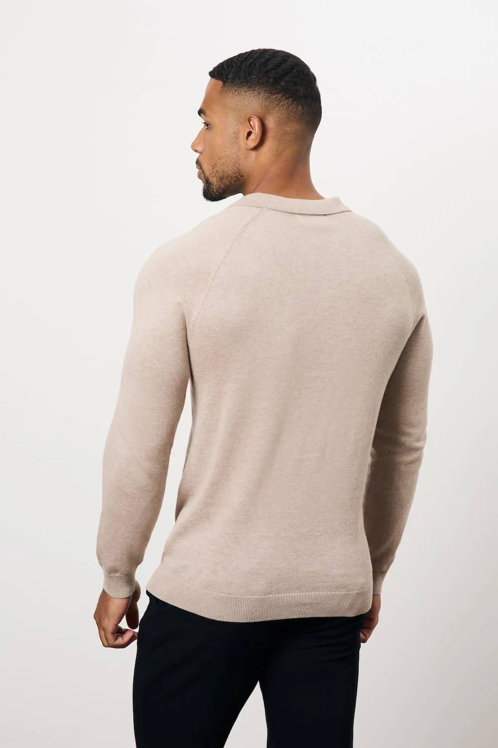 Pure Cotton Knitted Open Collar Polo Shirt in Neutral Marl Barrel Cuff Design Comfort top