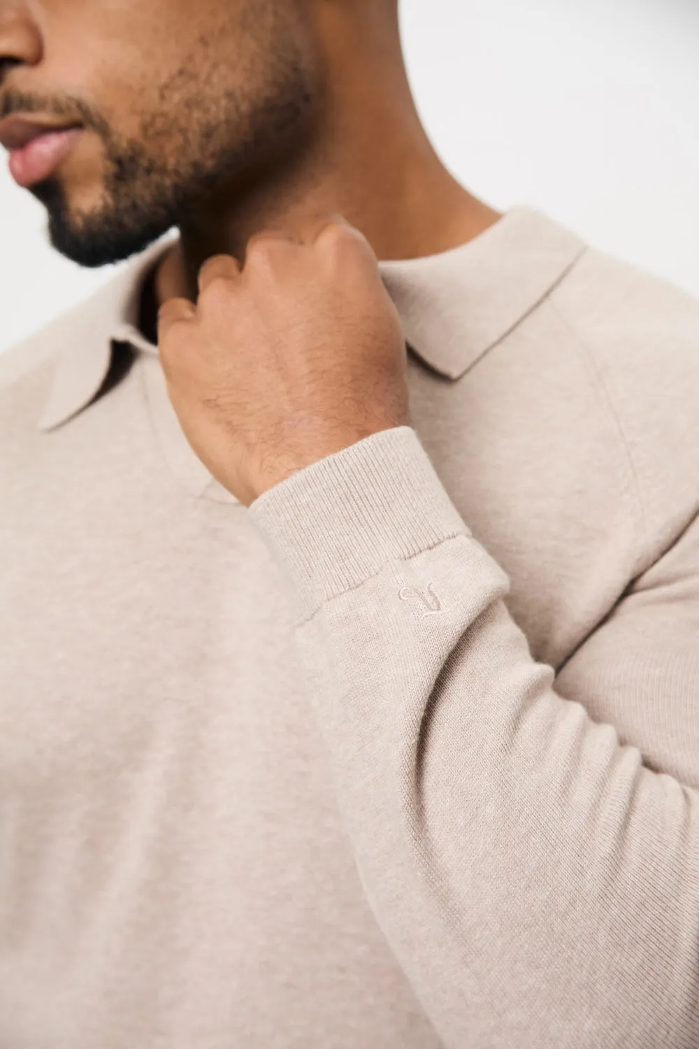 Pure Cotton Knitted Open Collar Polo Shirt in Neutral Marl Light Fit