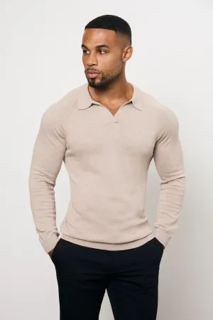 Snap Button Closure Polo Player Pure Cotton Knitted Open Collar Polo Shirt in Neutral Marl