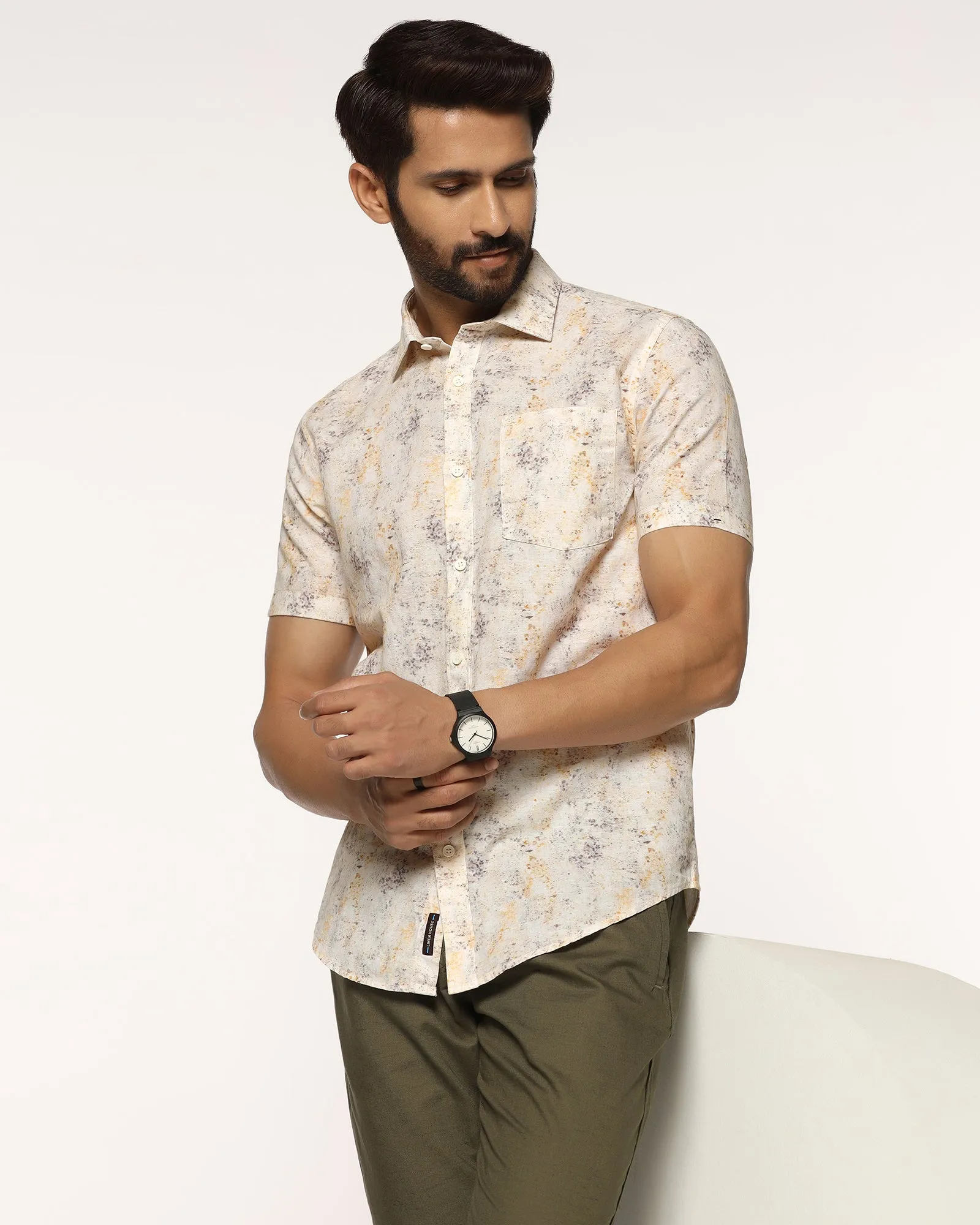 Cultural Inspired Linen Casual Half Sleeve Beige Printed Shirt - Gabin