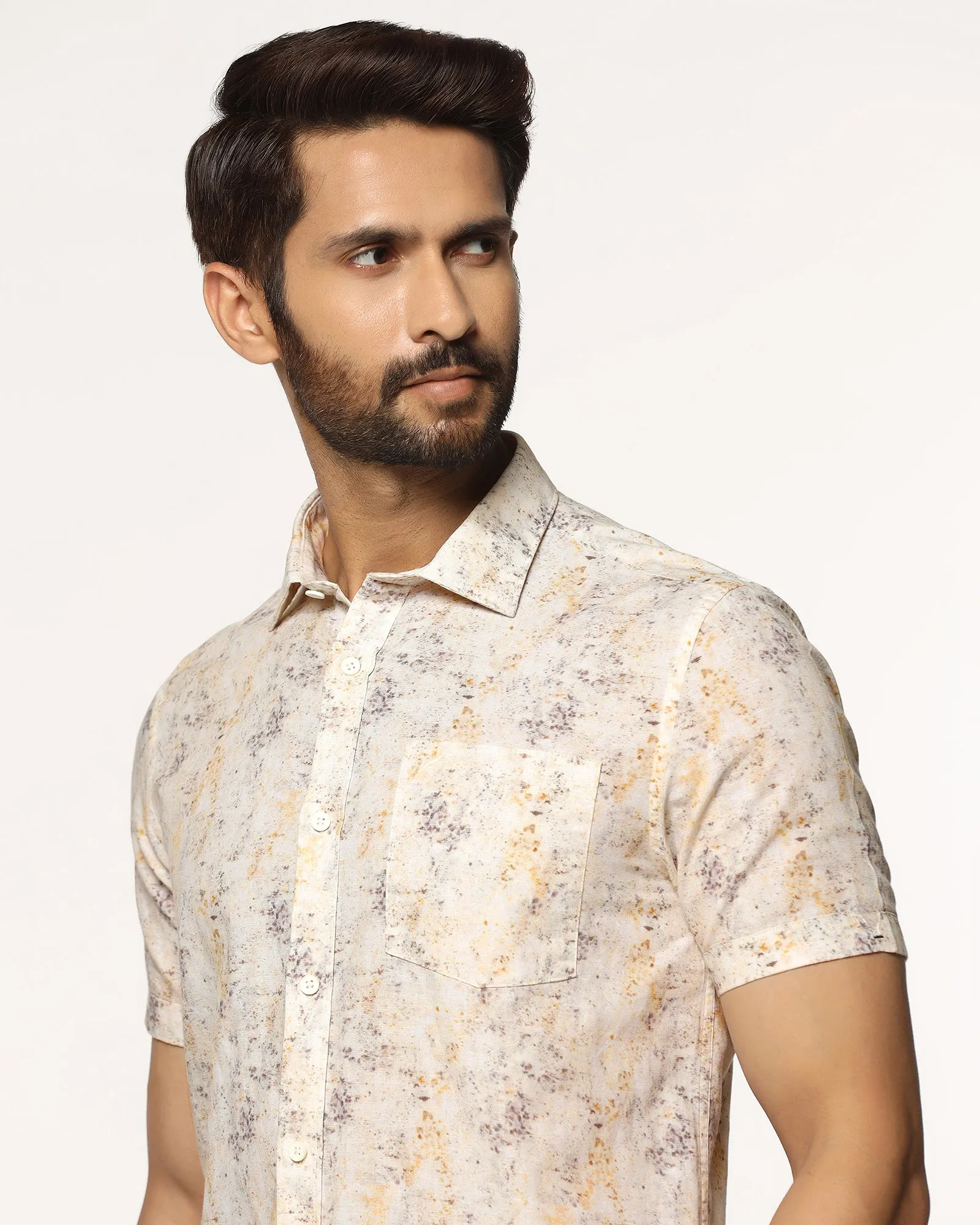 Linen Casual Half Sleeve Beige Printed Shirt - Gabin Moisture Management Tech Unisex Design