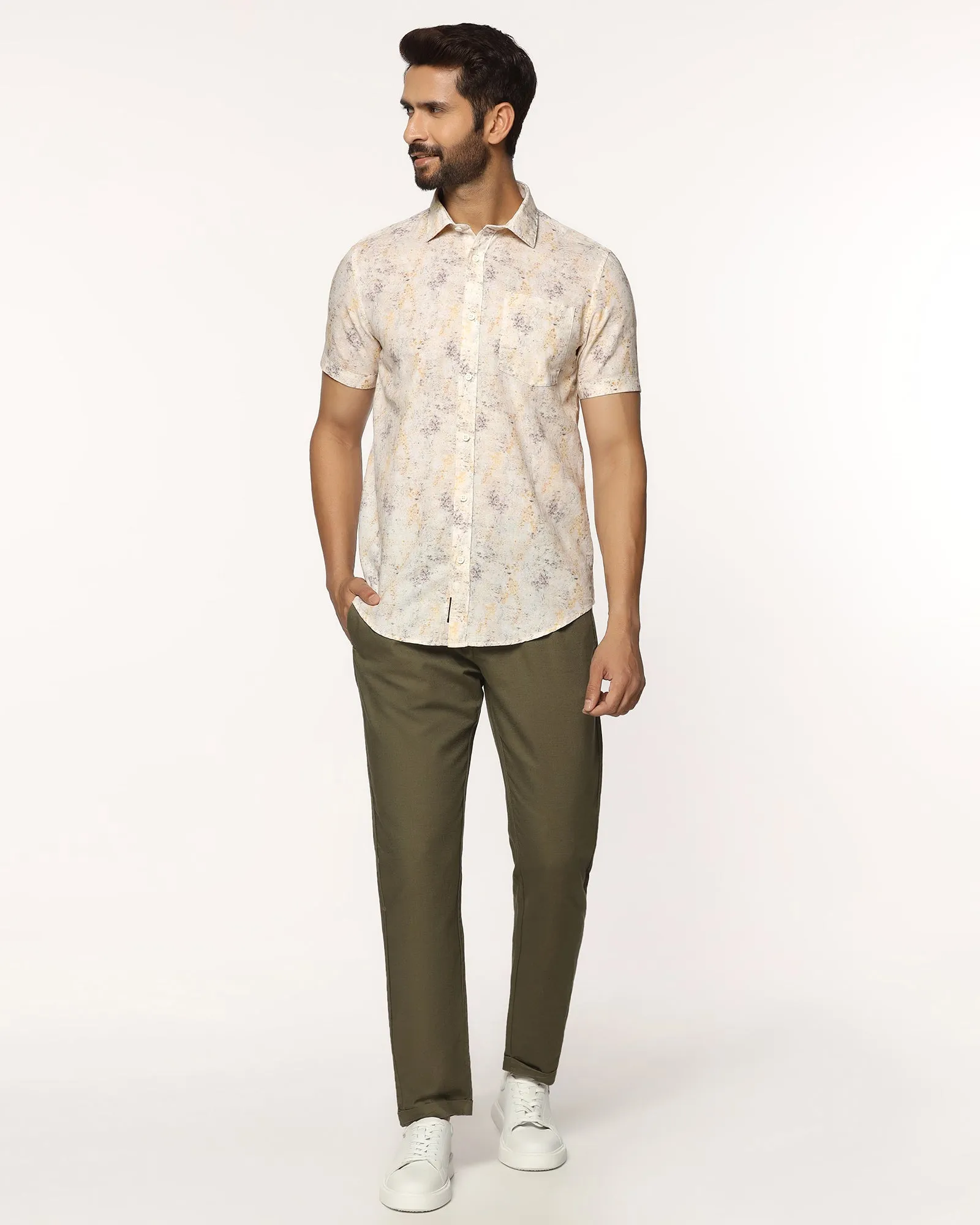 Nautical Look Linen Casual Half Sleeve Beige Printed Shirt - Gabin