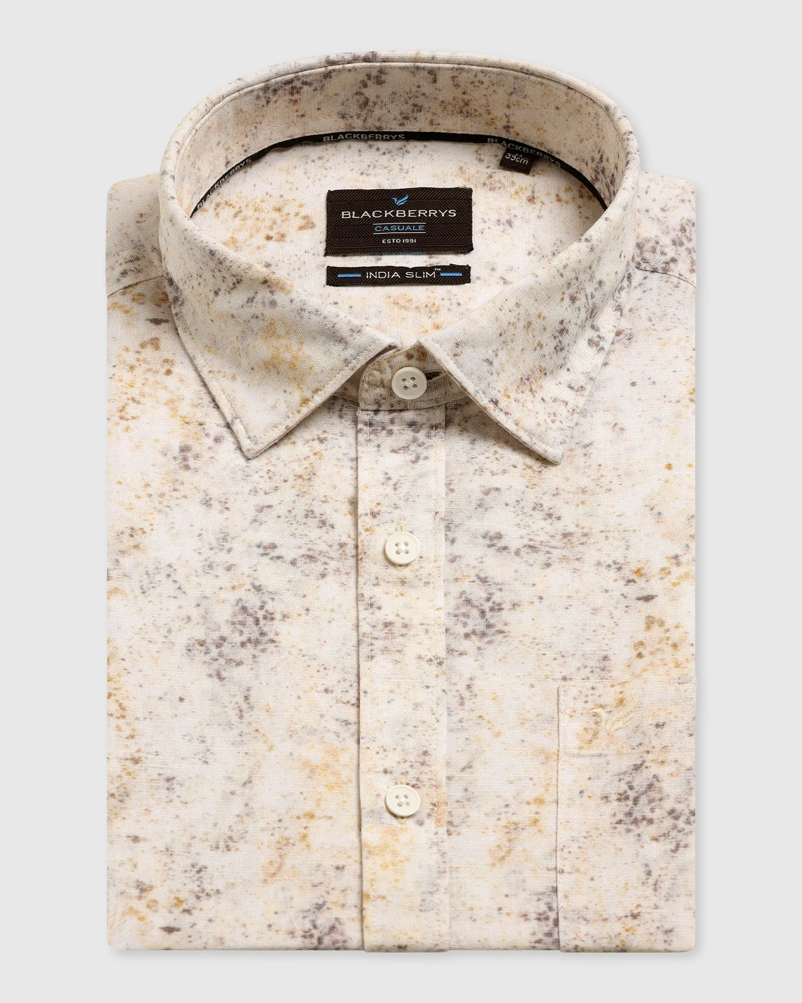 Linen Casual Half Sleeve Beige Printed Shirt - Gabin Performance Fabric