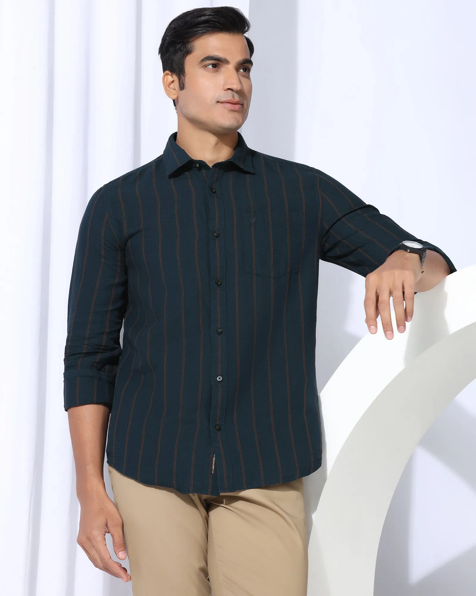 Stylish Detail Linen Casual Navy Stripe Shirt - Darcom