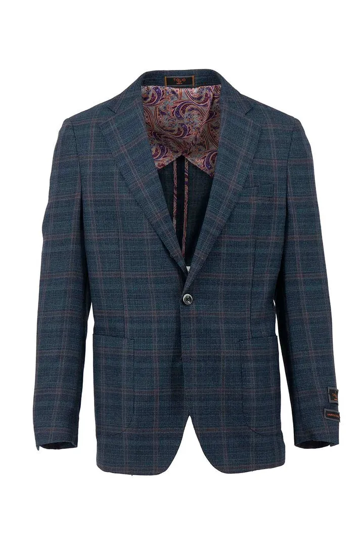 Neutral Street Style Tiglio Luxe Ocean with Navy and Red Windowpane Dolcetto/THP Modern Fit half lined, Pure Wool Jacket TL7522