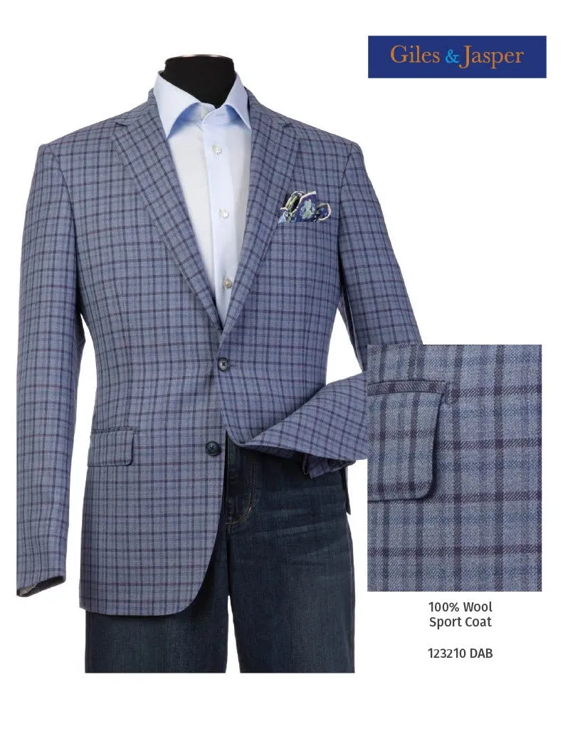 Breathable Softshell Layer Anti Pilling Giles & Jasper Super 120's Wool  Sportcoat in Blue Plaid