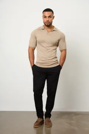 Compact Knit Structure Textured Open Collar Knitted Polo Shirt in Stone