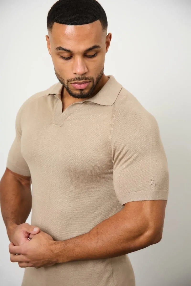 Textured Open Collar Knitted Polo Shirt in Stone Classic Fit LowMaintenance Fabric