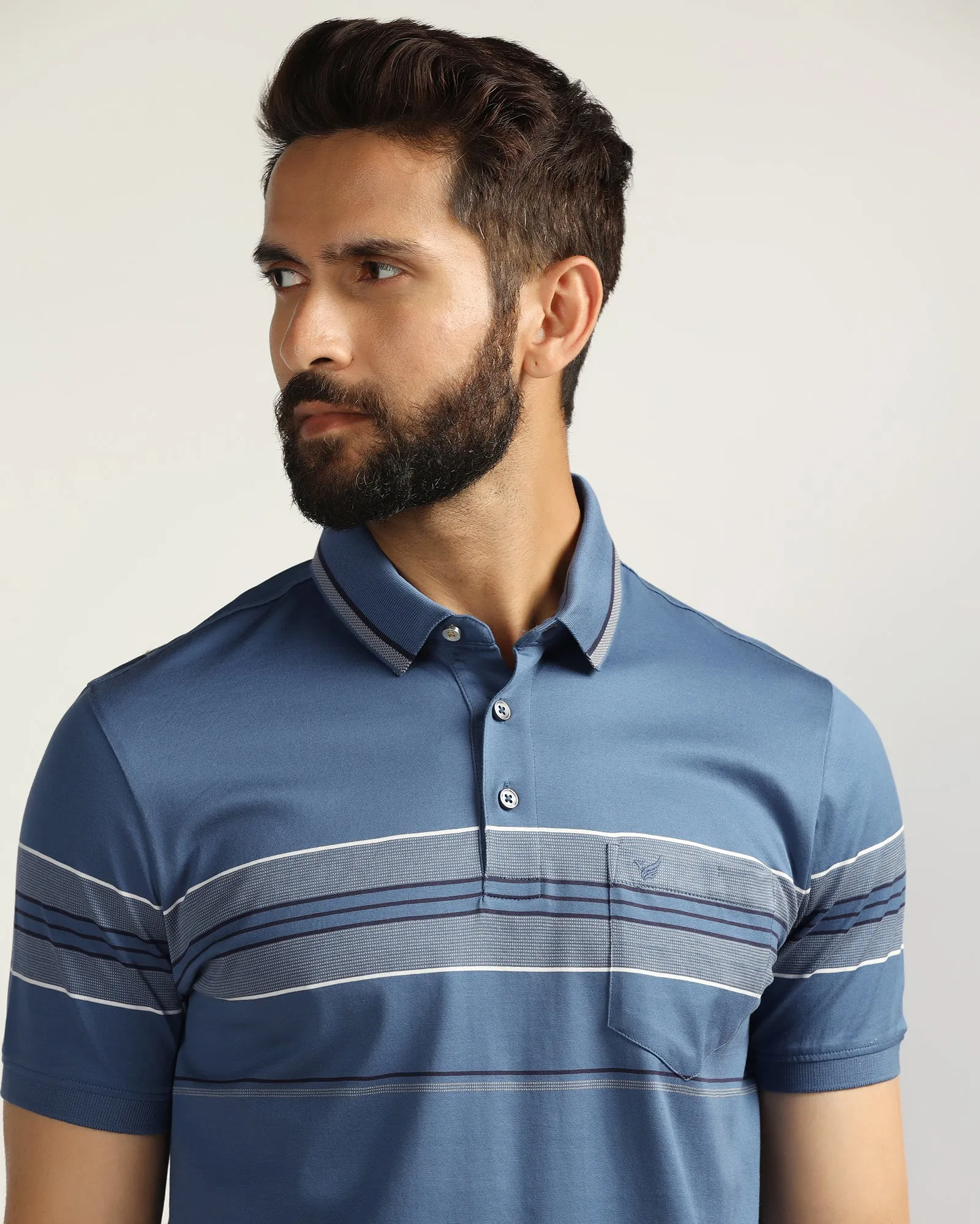 Polo Blue Topaz Stripe T-Shirt - Cetus AllPurpose Knitting NonChafing Seam Placement