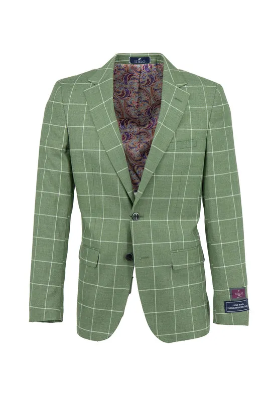 Soft touch finish Adjustable Cuff Tiglio Luxe Sage Green with Cream Windowpane Porto Slim Fit Pure Wool Blazer TL8073