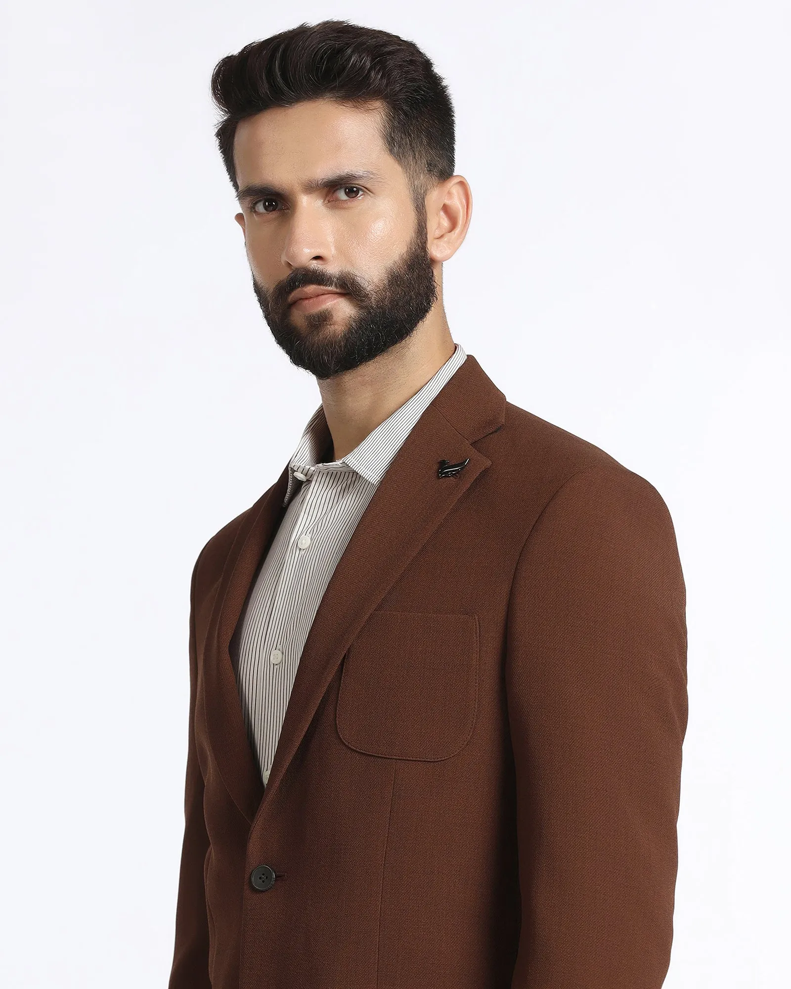 Tobacco Brown Solid Blazer - Modelo Anti Pilling Texture Belted Style