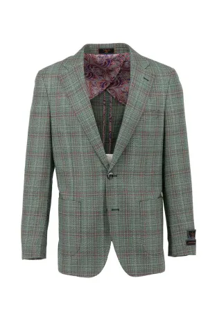 Tiglio Luxe Sage Green with Wine Windowpane Dolcetto/THP Modern Fit half lined, Pure Wool Jacket TL4256 LowProfile Design