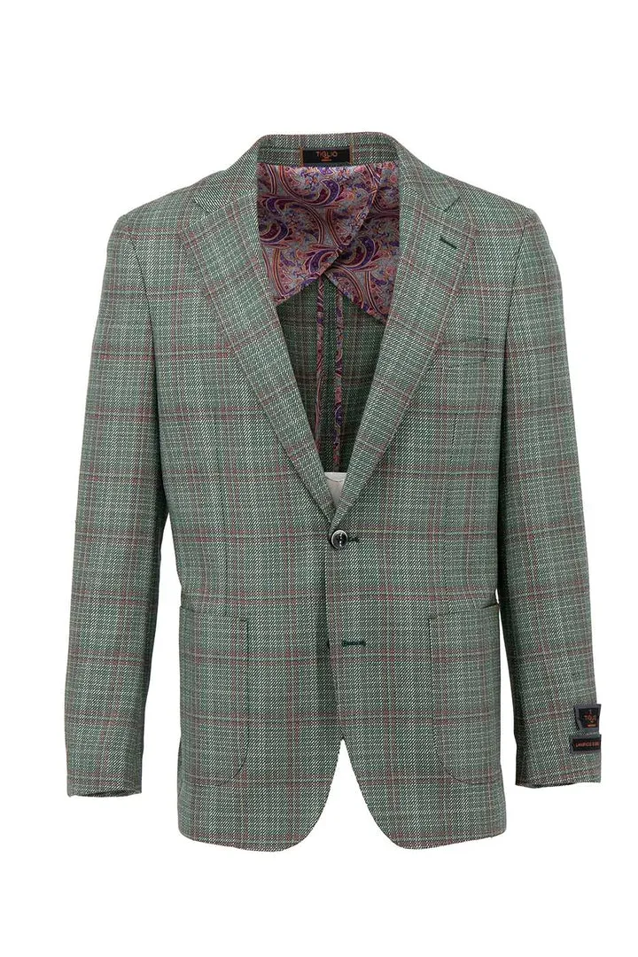 FullCoverageHood Tiglio Luxe Sage Green with Wine Windowpane Dolcetto/THP Modern Fit half lined, Pure Wool Jacket TL4256