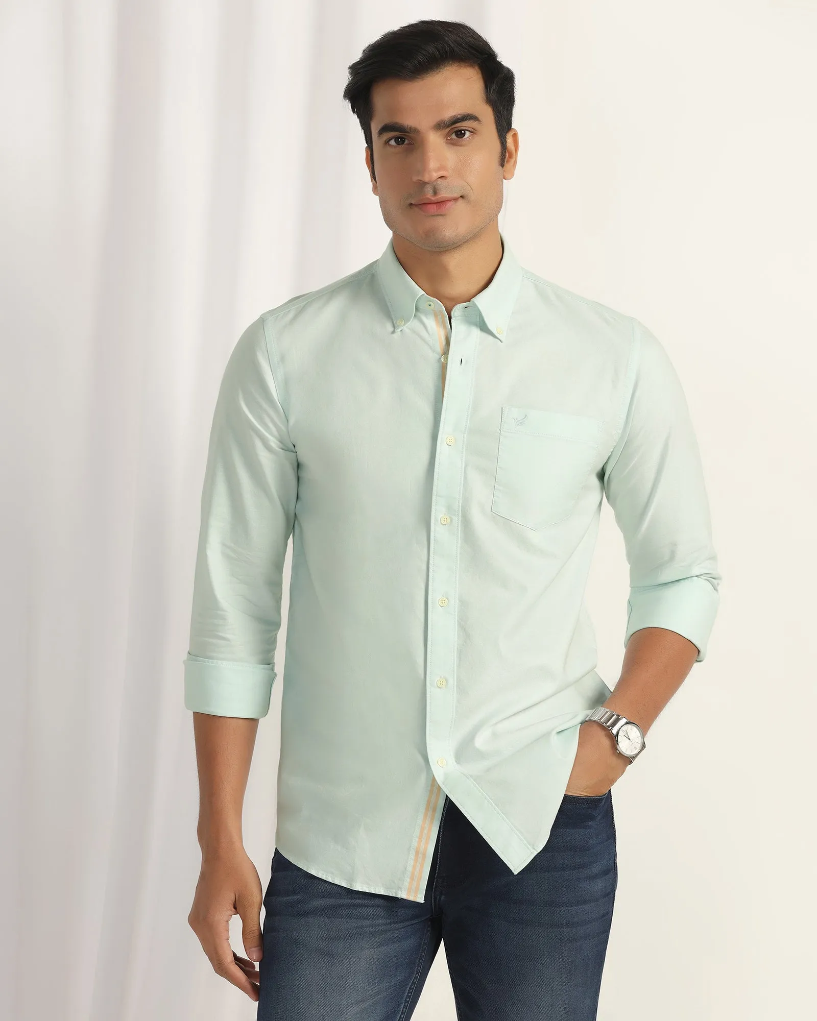 Wardrobe Must-Have Minimalist Design Casual Mint Solid Shirt - Solly