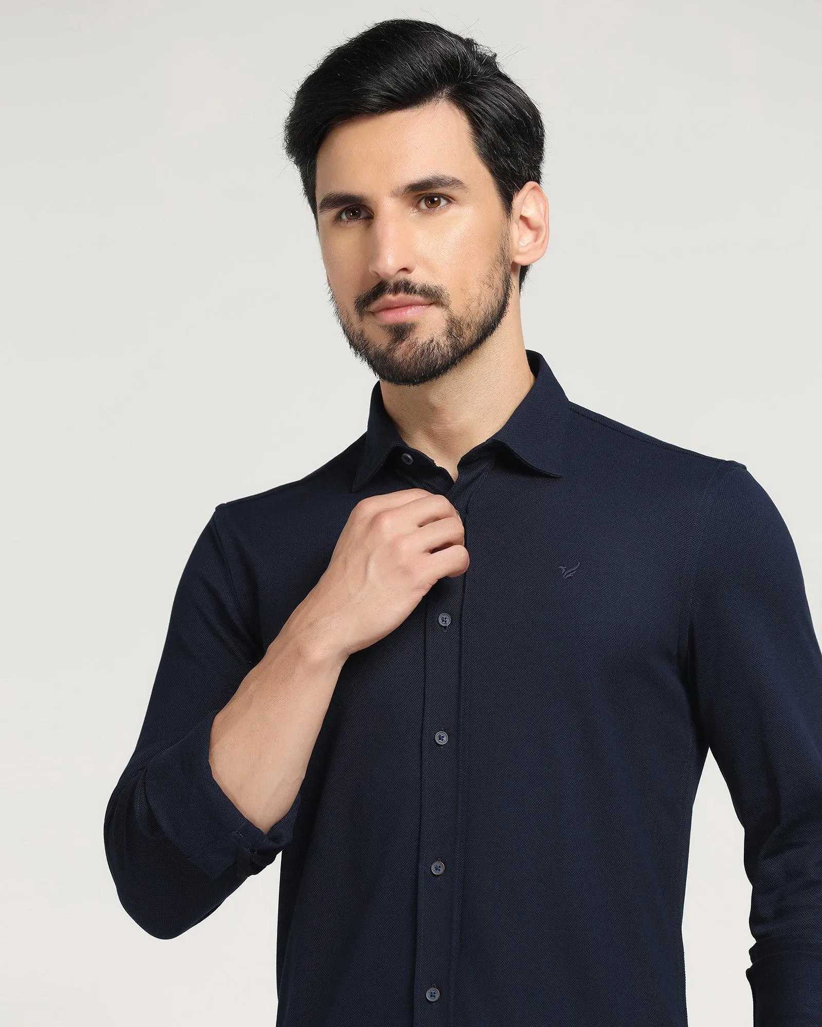 Evening Elegance checkered pattern Casual Navy Solid Shirt - Pareto