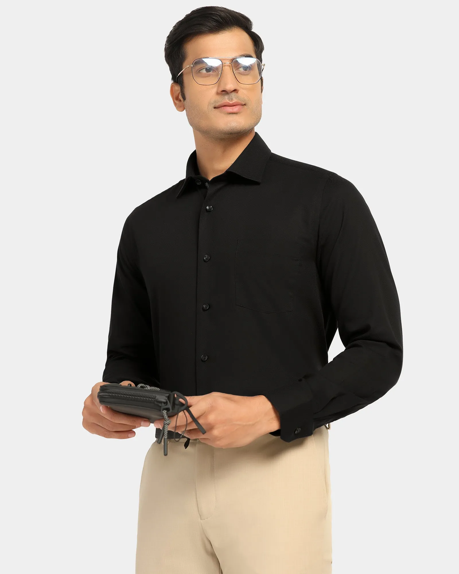 Preppy Vibe Fast Drying Formal Black Textured Shirt - Noir