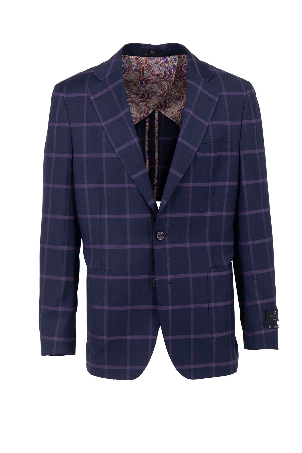 Long Length Tiglio Luxe Navy with Purple Windowpane Dolcetto/THP Modern Fit half lined, Pure Wool Jacket TL4226
