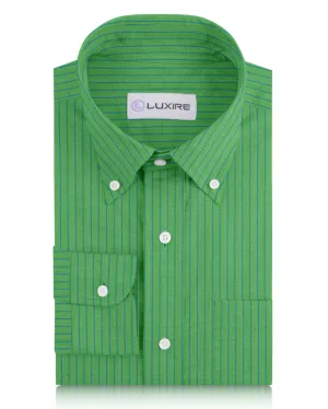 Cotton Linen: Blue Pencil Stripes On Green Shirt SoftTouch Texture Urban Wear