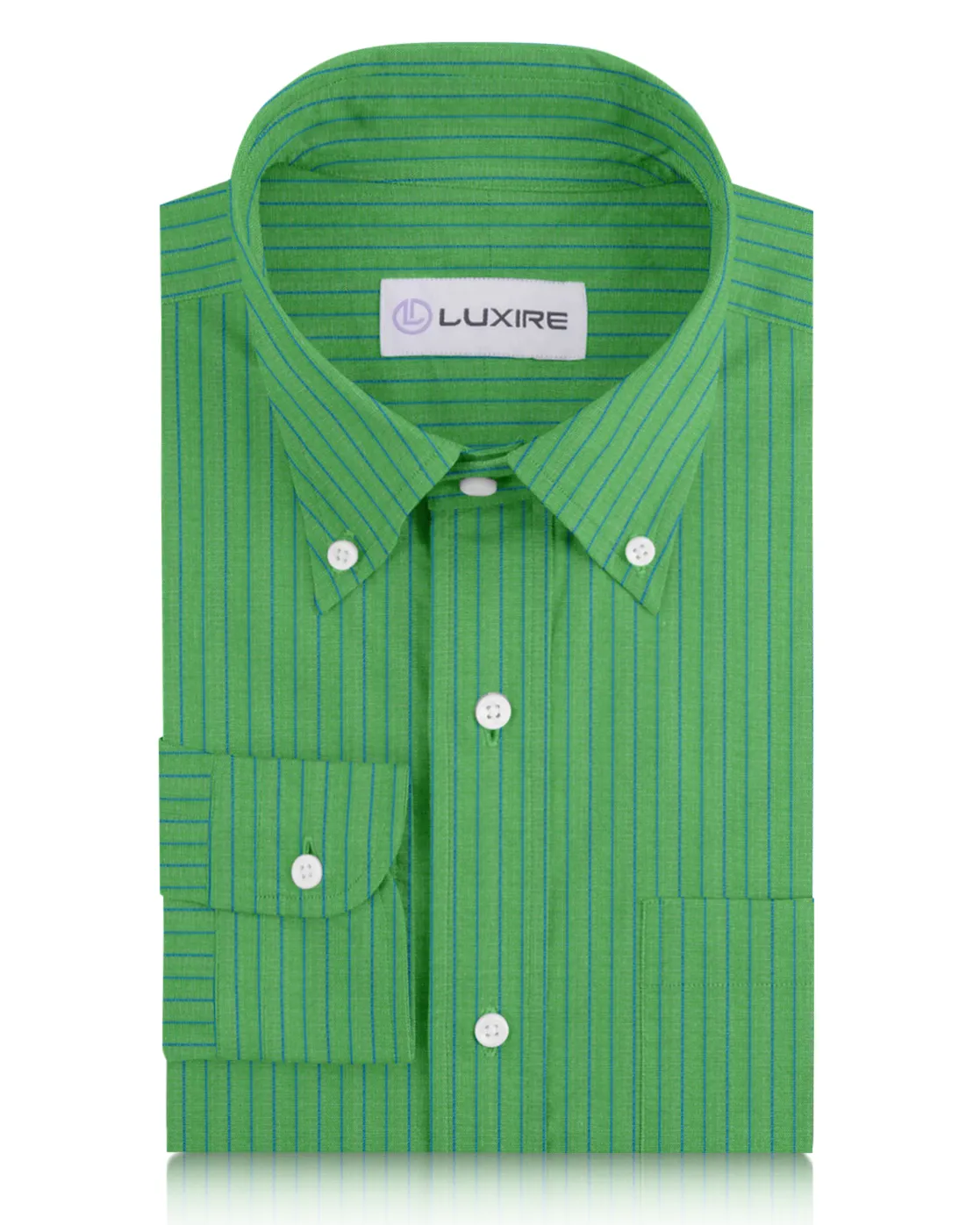 Cotton Linen: Blue Pencil Stripes On Green Shirt SoftTouch Texture Urban Wear