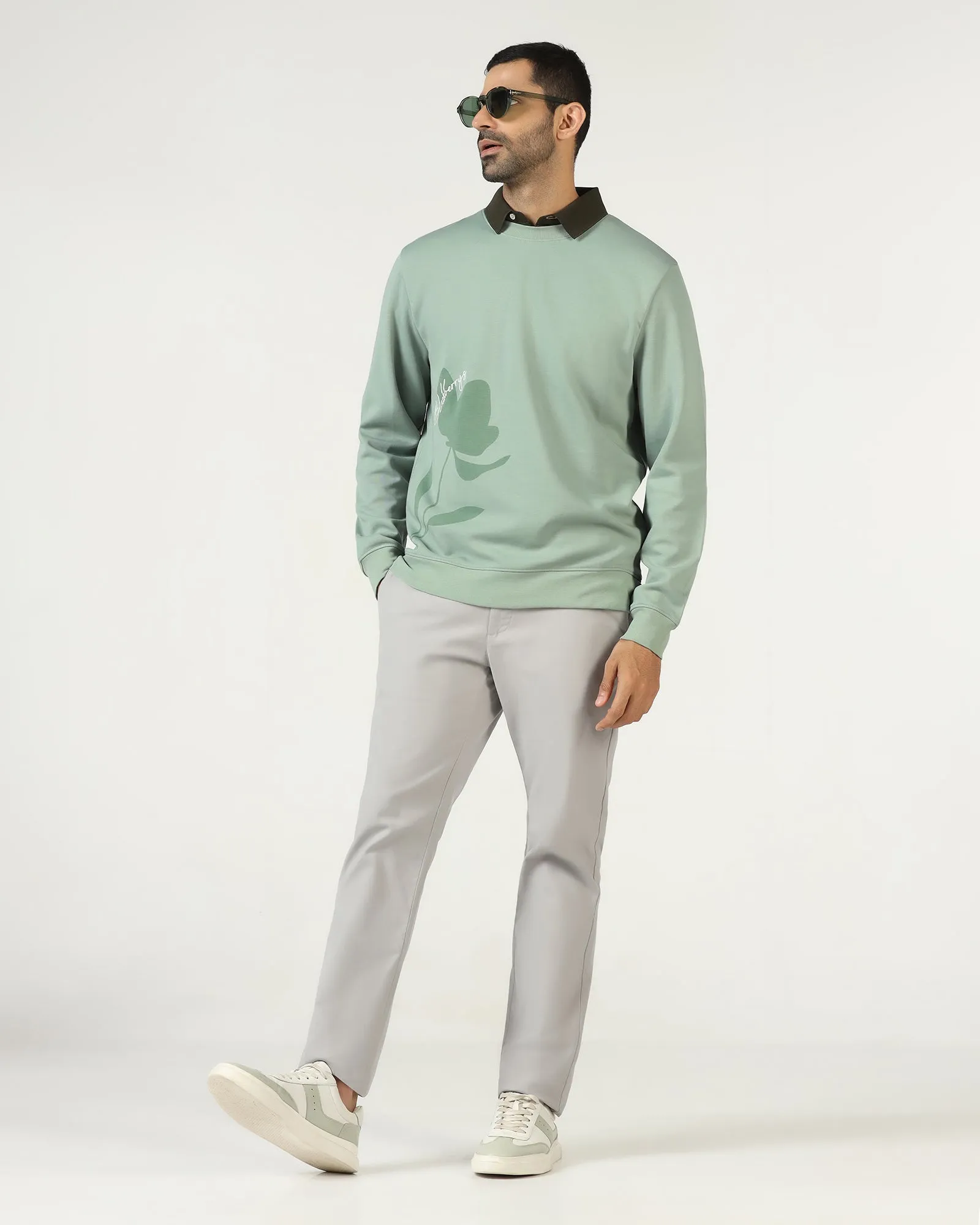 Sage Green Crew Neck Solid Sweatshirt - Eve Sporty Style Lightweight Composite
