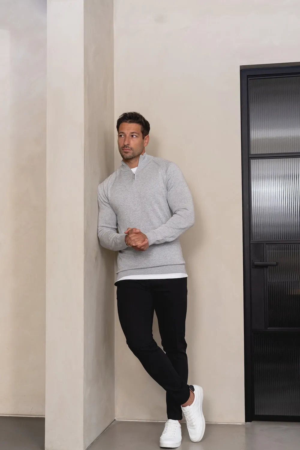 Pure Cotton Knitted Half Zip Neck Sweater in Silver Grey Marl FadeResistant