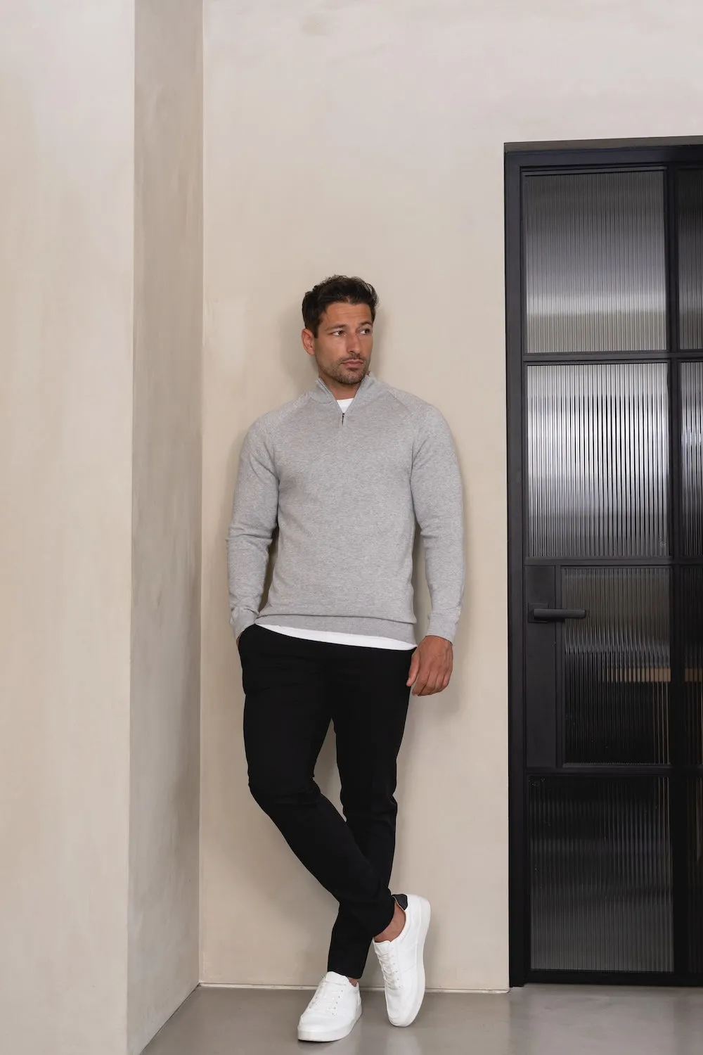 Net Fit Pure Cotton Knitted Half Zip Neck Sweater in Silver Grey Marl