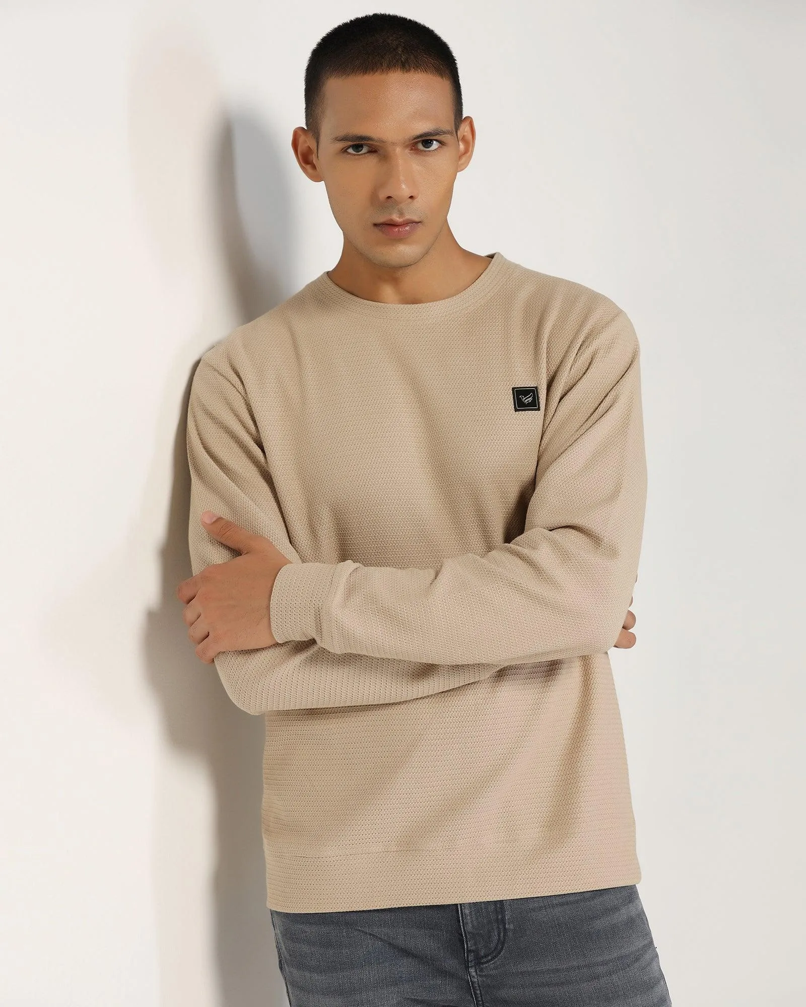 Crew Neck Beige Structure Sweatshirt - And DoubleLayered Fabric