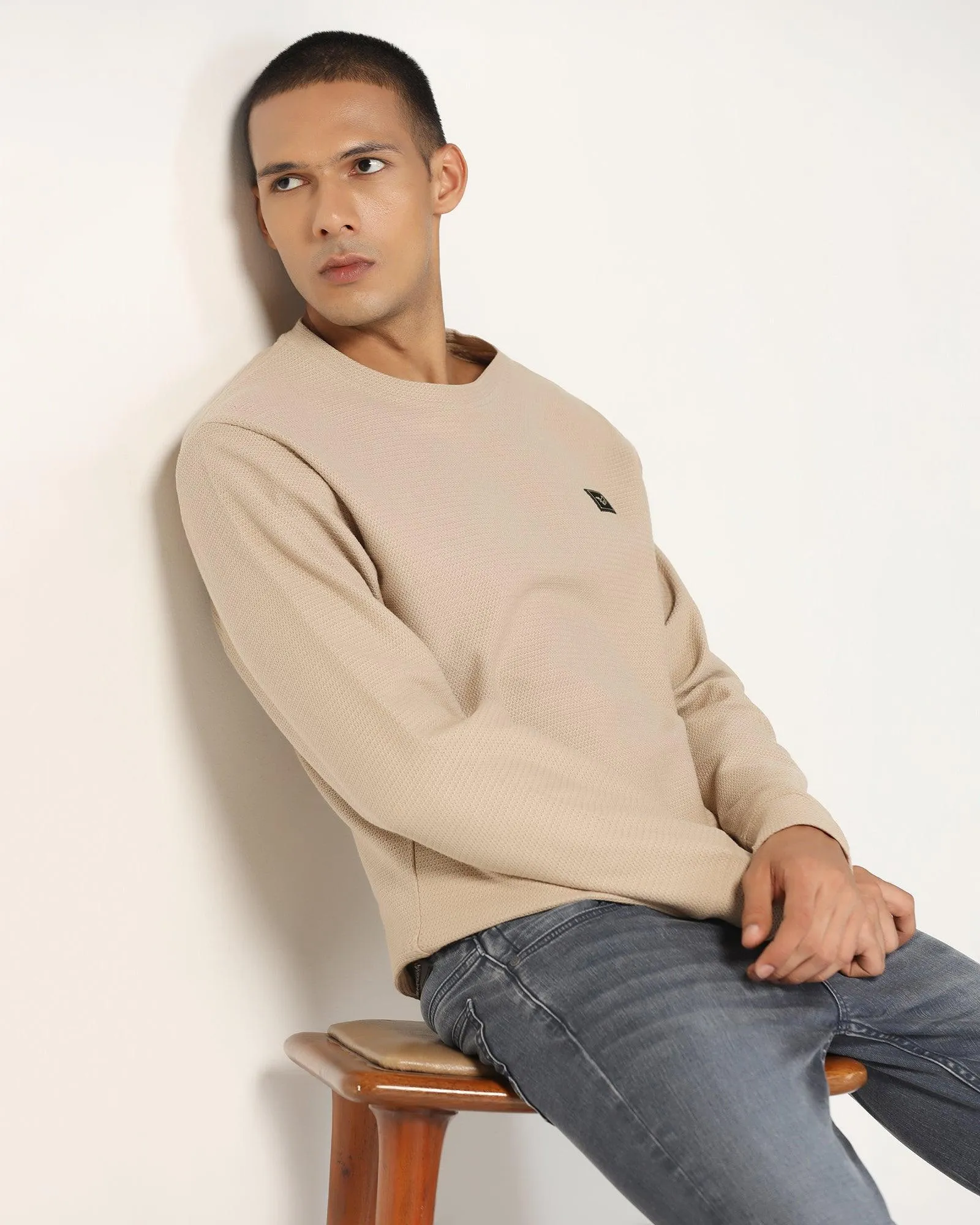 Crew Neck Beige Structure Sweatshirt - And Glass Fit