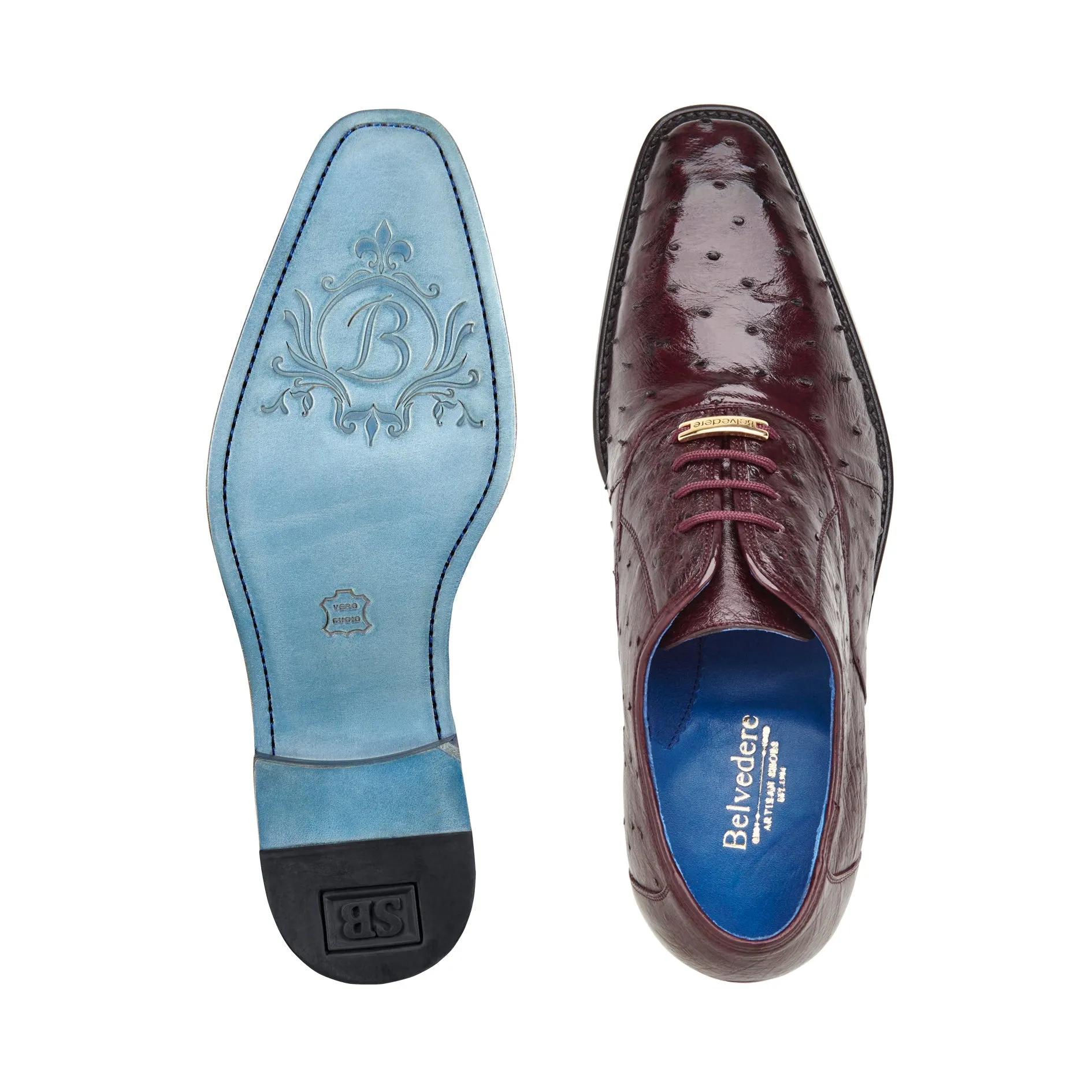 Stable Core Belvedere - Orlando, Genuine Ostrich Quill Dress Shoe - Antique Dark Burgundy - D01 (IN STORE)