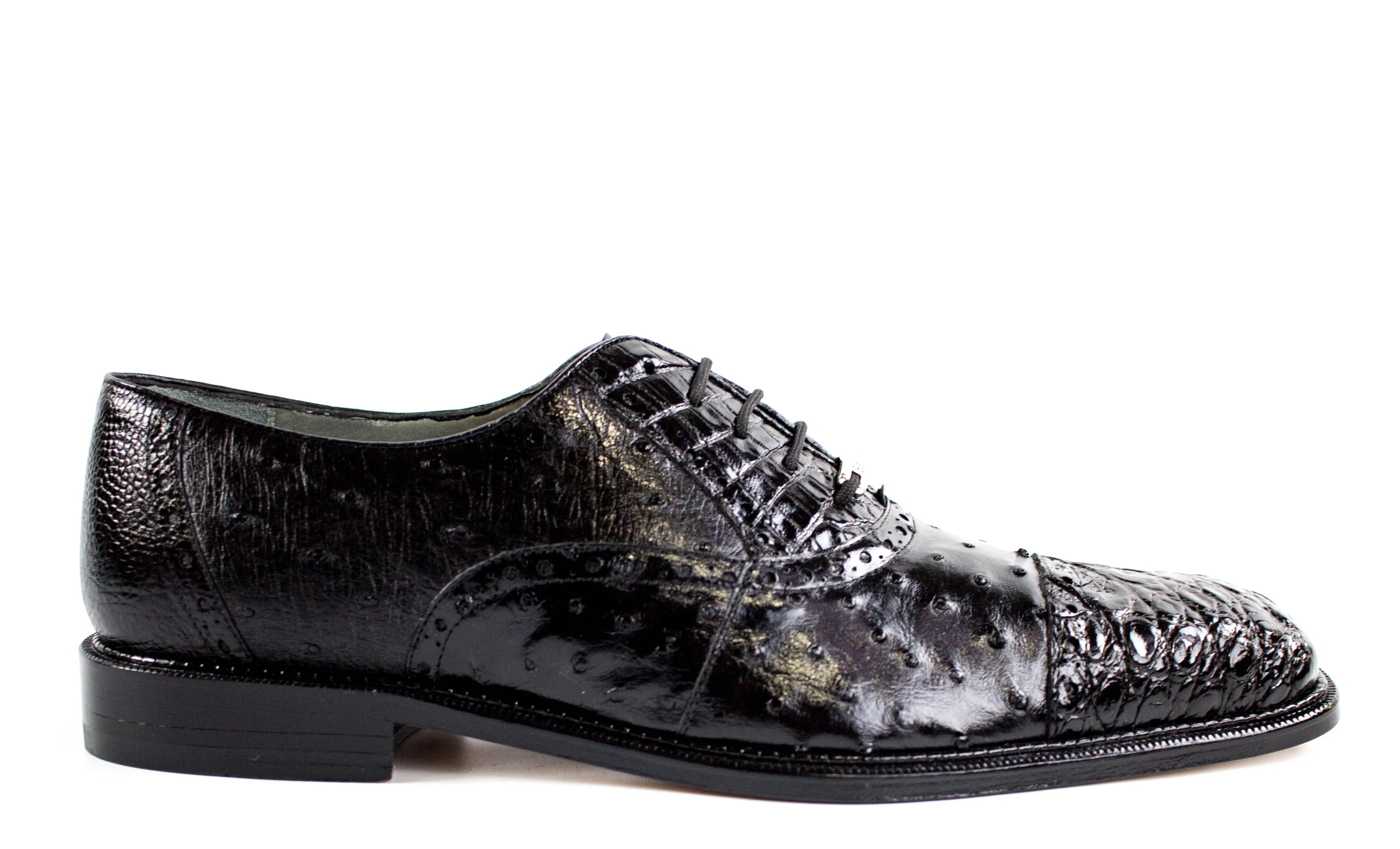 Slip Resistant Modern Commuters Belvedere - Onesto II, Genuine Ostrich and Crocodile Dress Shoe - Black - 1419 - IN STORE