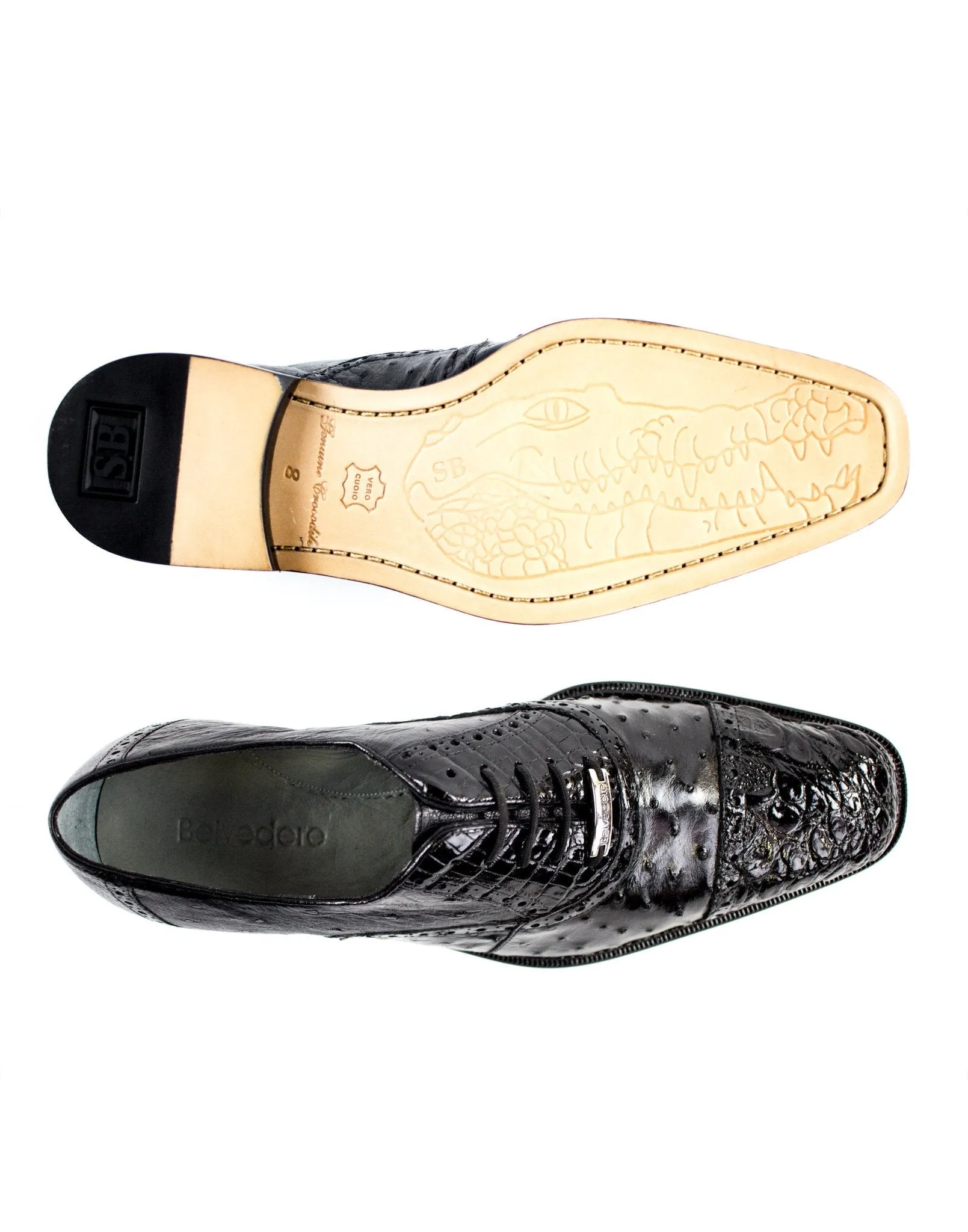 Belvedere - Onesto II, Genuine Ostrich and Crocodile Dress Shoe - Black - 1419 - IN STORE Park Step Comfort Wedge