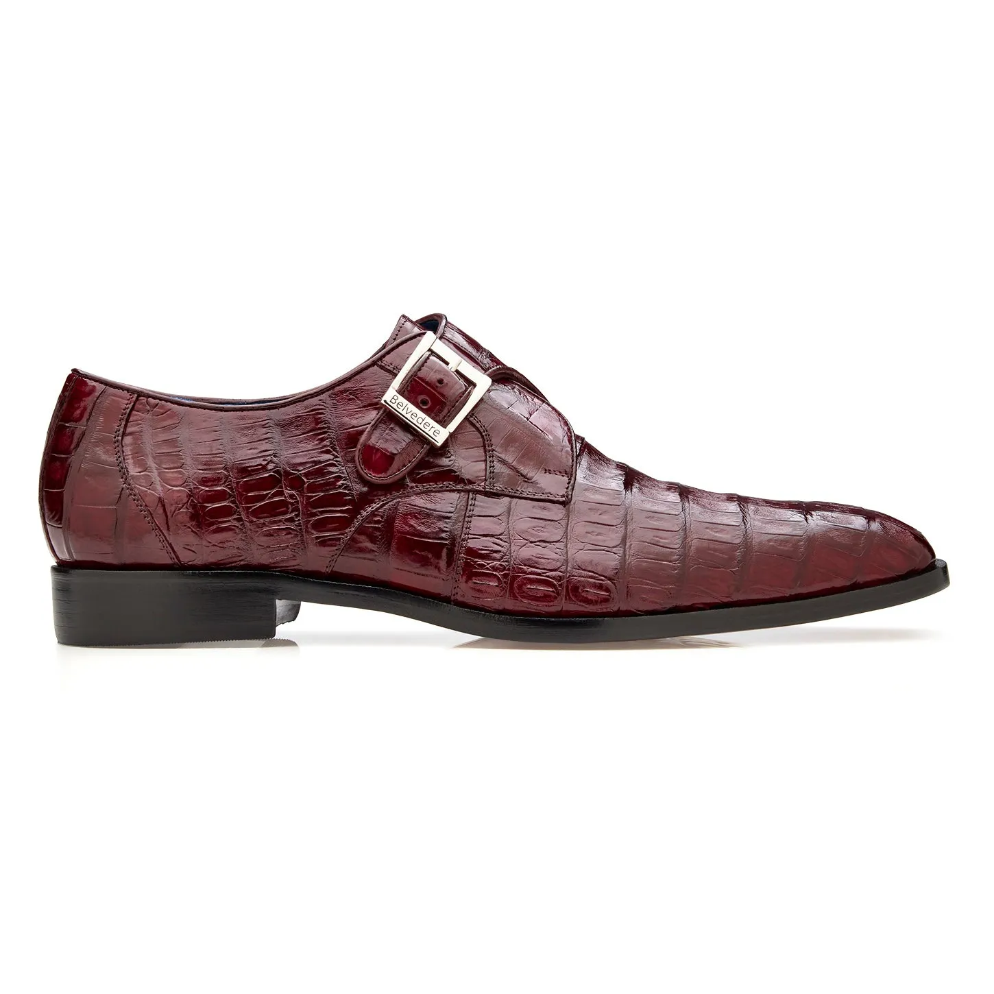 Belvedere Angelo Genuine Caiman Crocodile Monk-Strap Shoe in Burgundy Cushioned Insole Technology Impact Resistance