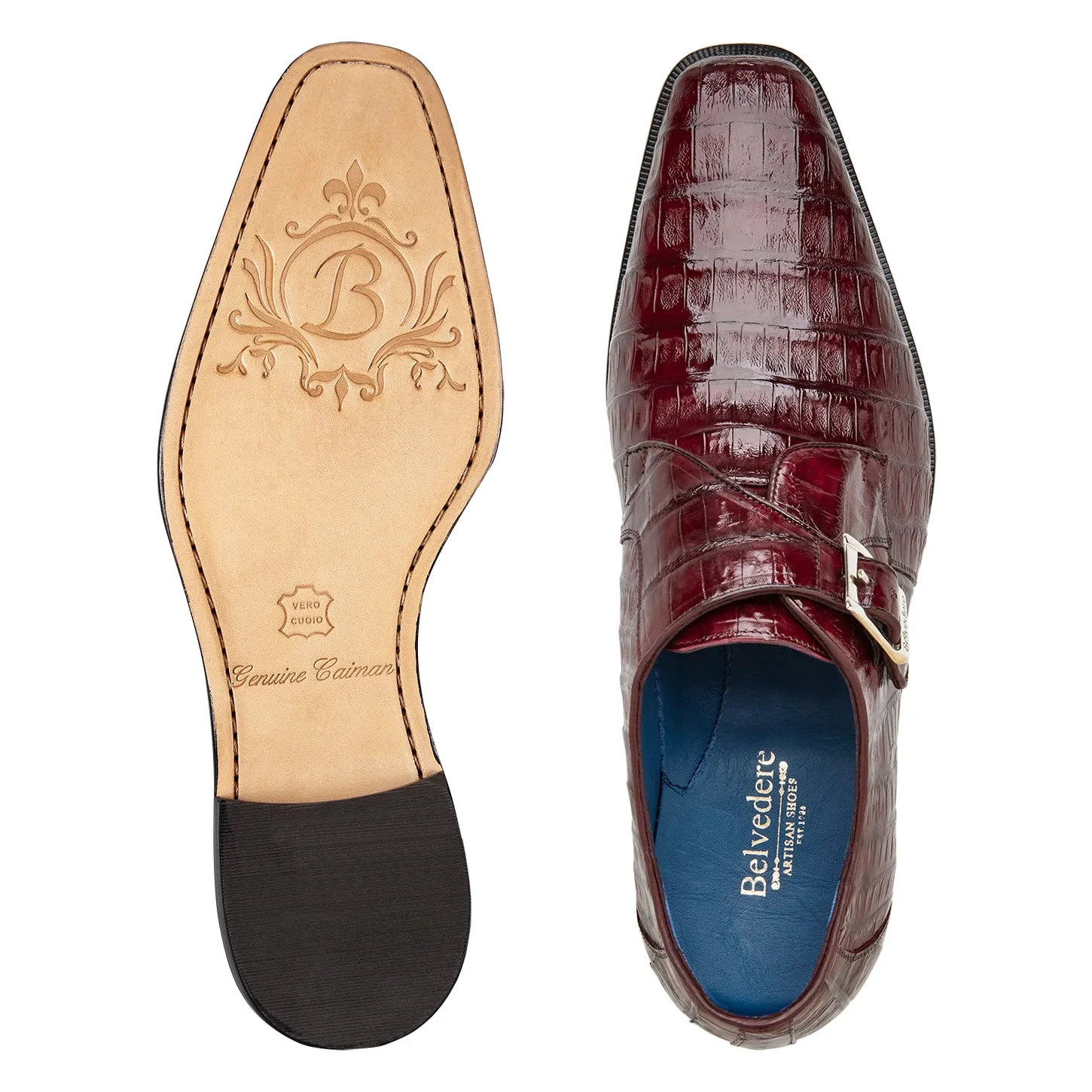 Energy Return System Adjustable Lace Closure Belvedere Angelo Genuine Caiman Crocodile Monk-Strap Shoe in Burgundy