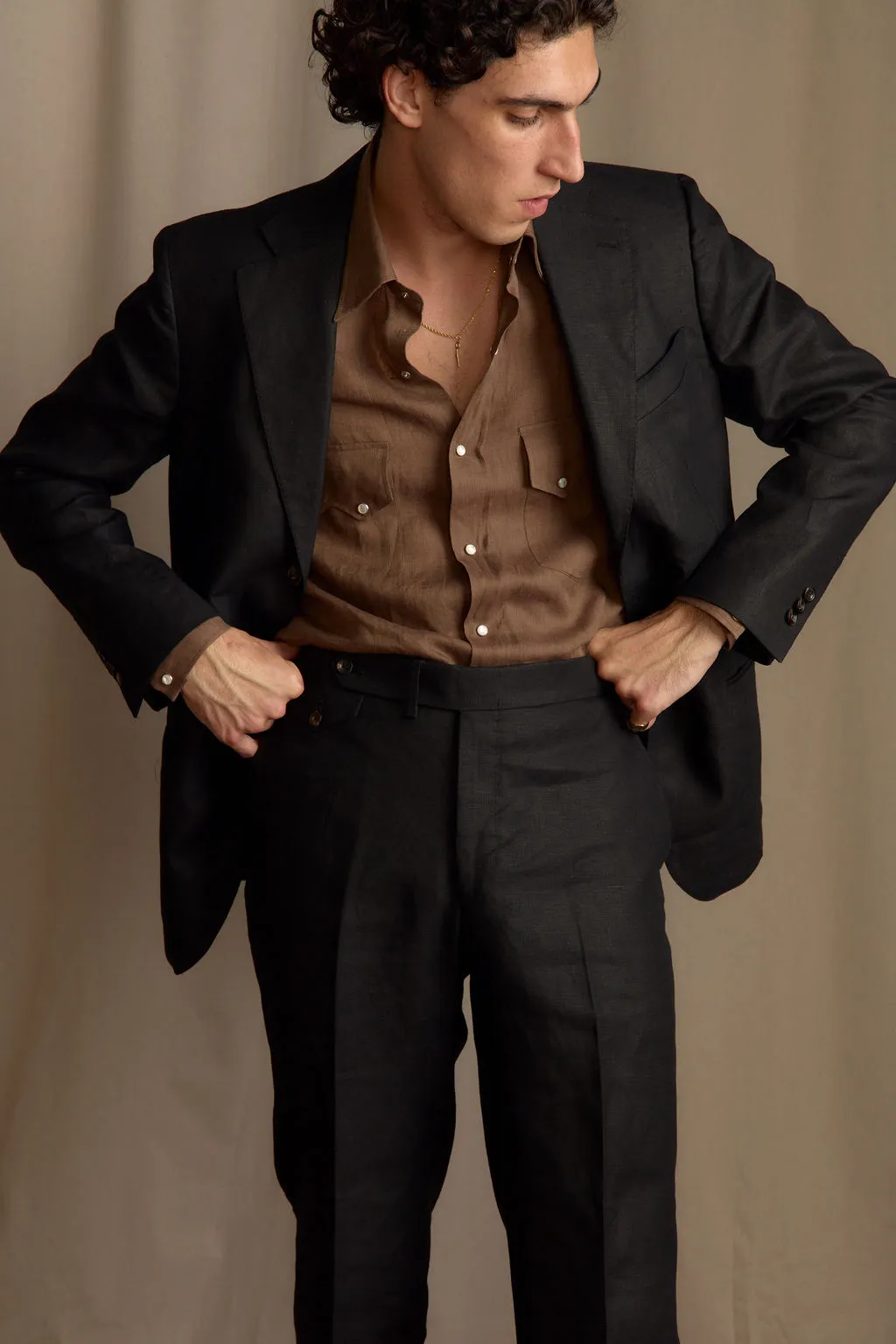 Heavy Outerwear Chocolate Linen Neapolitan Pearl Snap